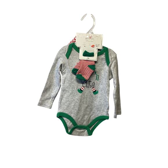 Blooming Baby NWT Elf'n Cute Bodysuit, Hat & Socks 3 Piece Christmas Set 3/6 M - Picture 1 of 3
